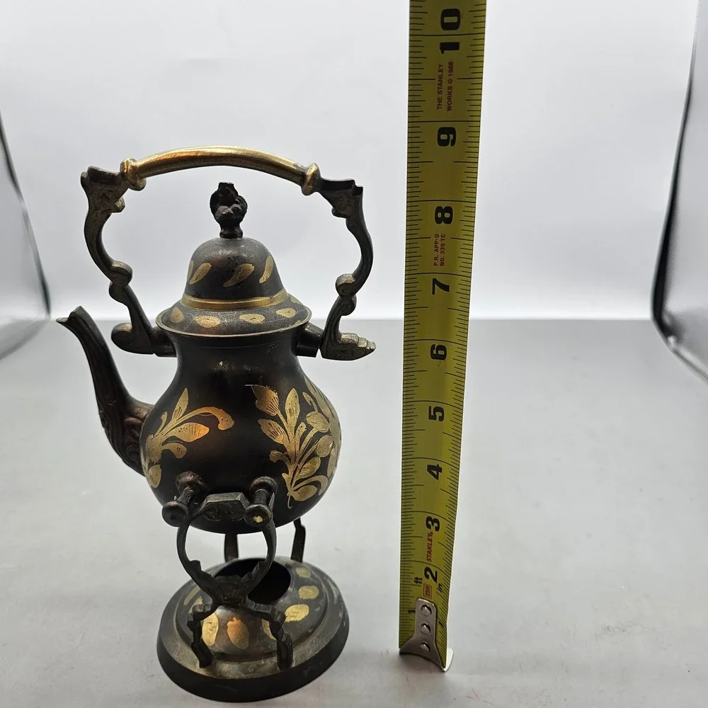 Vintage Brass Teapot with Warming Stand Black and Gold Etched Floral Decorative